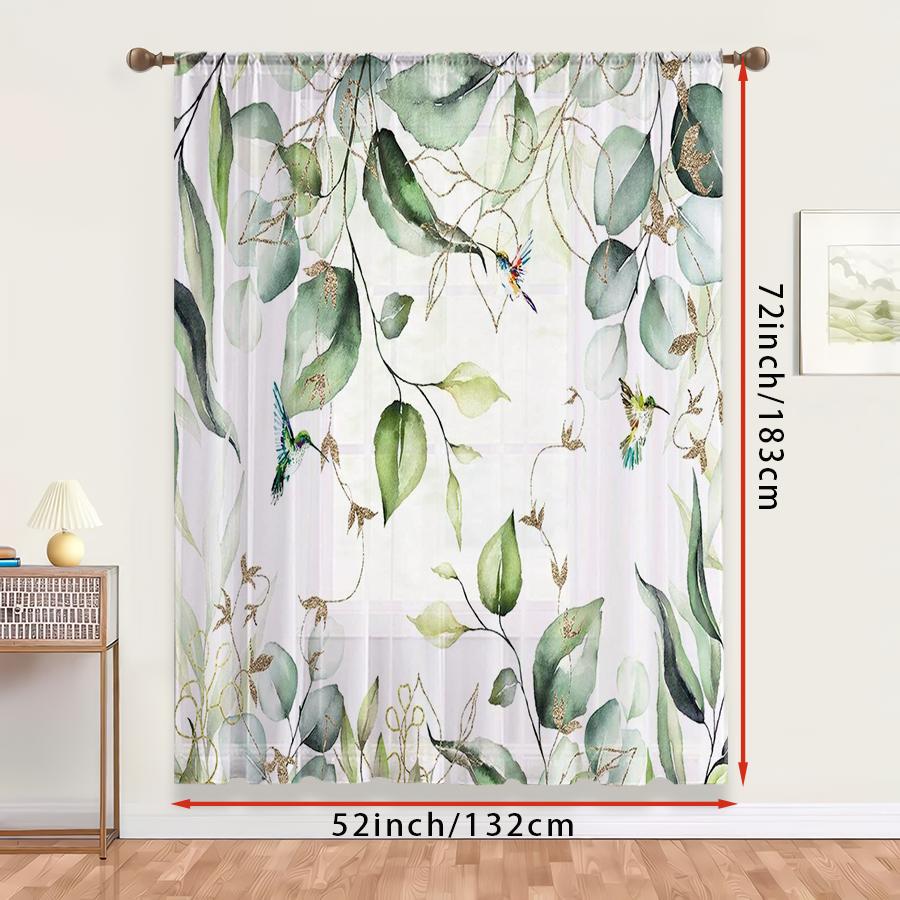1PC Sheer Curtain Eucalyptus Leaf Hummingbird Print, Rod Pocket Window Curtain for Living Room Bedroom Nature Decor
