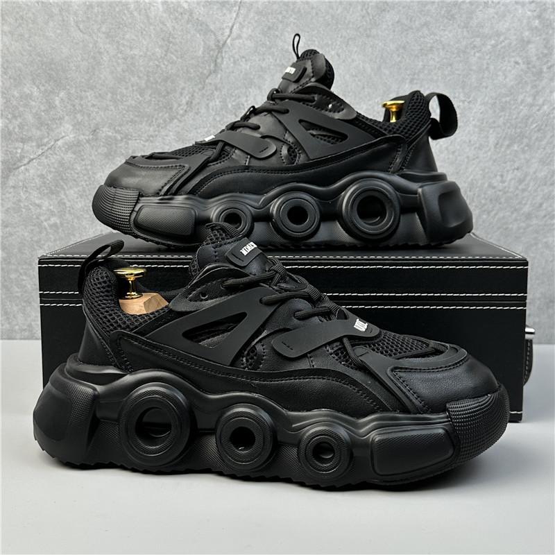

Толстые кроссовки мужские с толстой подошвой модные повседневные туфли из микрофибры, кожи, сетки, дышащие, с увеличенной внутренней платформой 38 чёрный