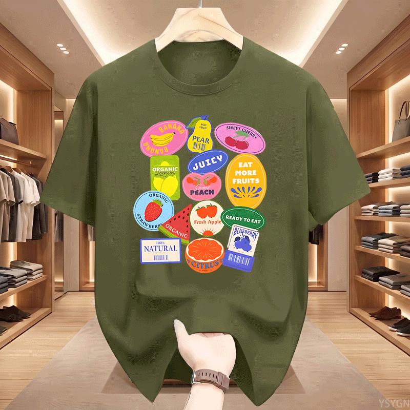 Summer Unisexs Fruit Stickers Graphic Print Tshirt Streetwear Oversized Loose Casual Short Sleeve Suitable For All Seasons Tops