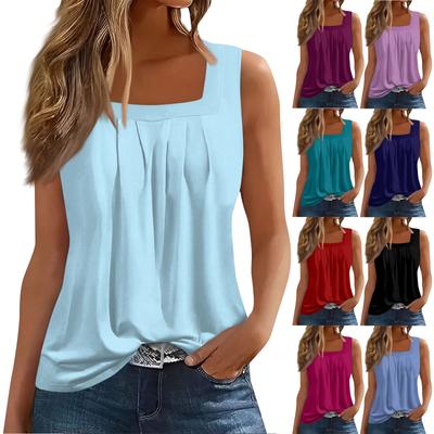 Women's Fashion Sexy Pleated Square Neck Solid Color Sleeveless Vest Top