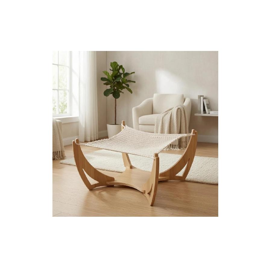 Woven Feline Sling Bed Handwoven Wooden Feline Sling Pet Furniture Freestanding Airy Design