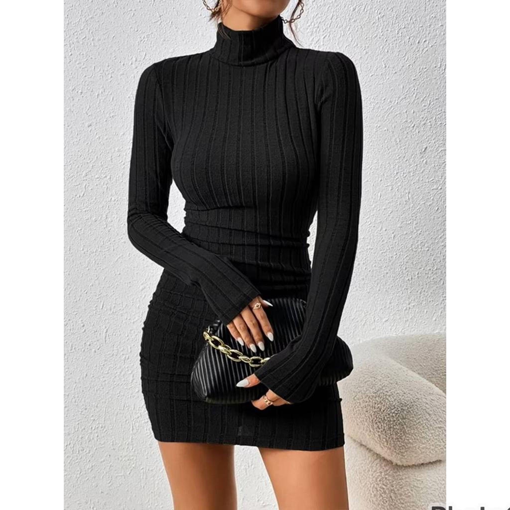 Sexy Mini Dress Women Autumn Solid Turtleneck Long Sleeve Sheath Dress Clubwear Partywear Elegant Bodycon Female