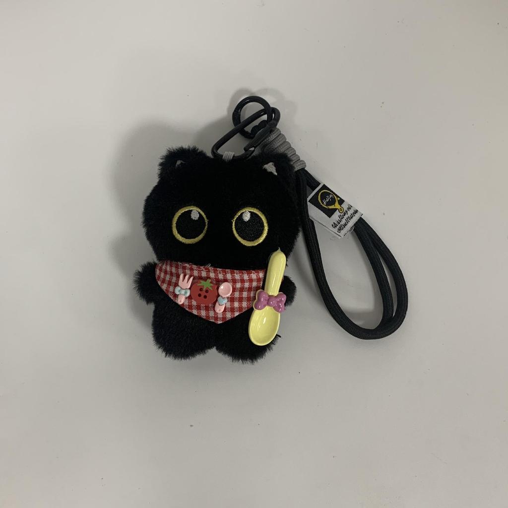 Adorable Big-Eyed Black and White Cat Plush Keychain Pendant