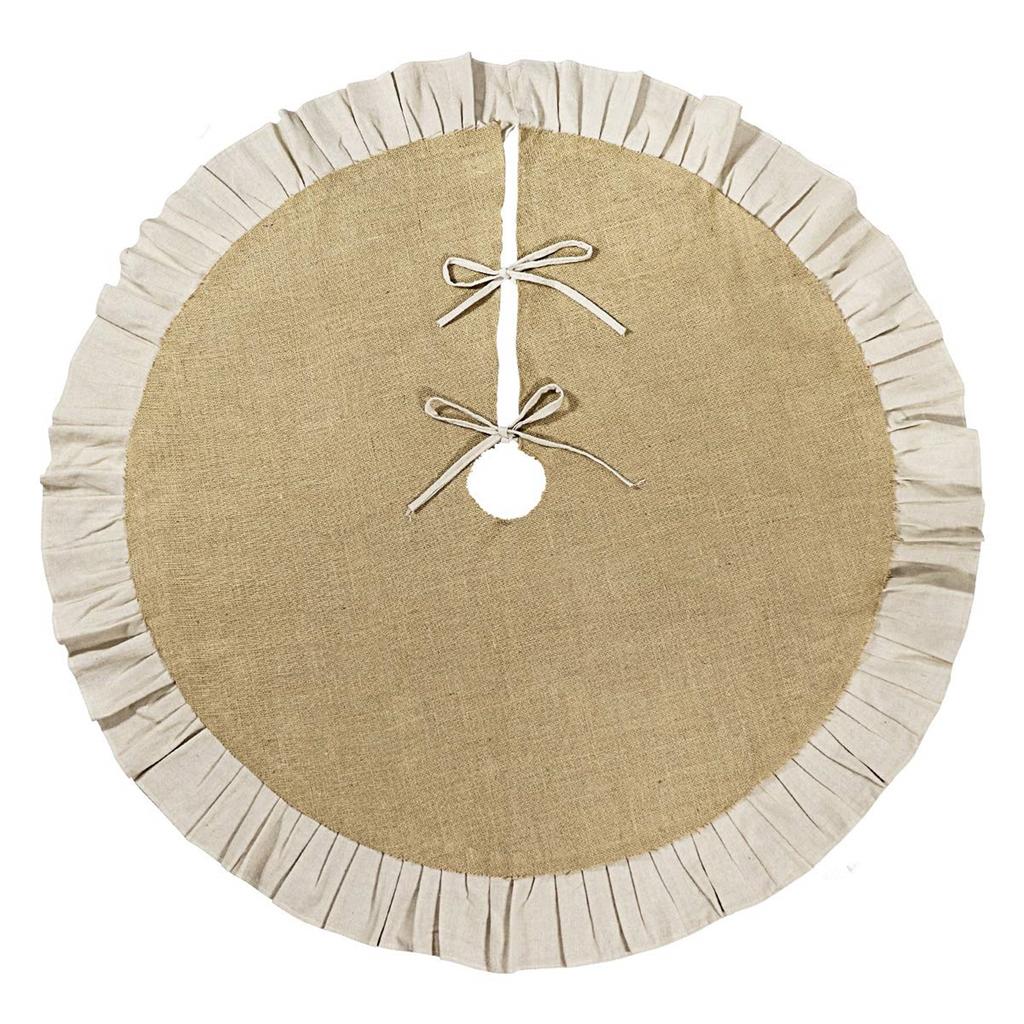 Christmas Tree Skirt, Natural Jute With Ruffle Edge, Rustic Xmas Holiday Decoration