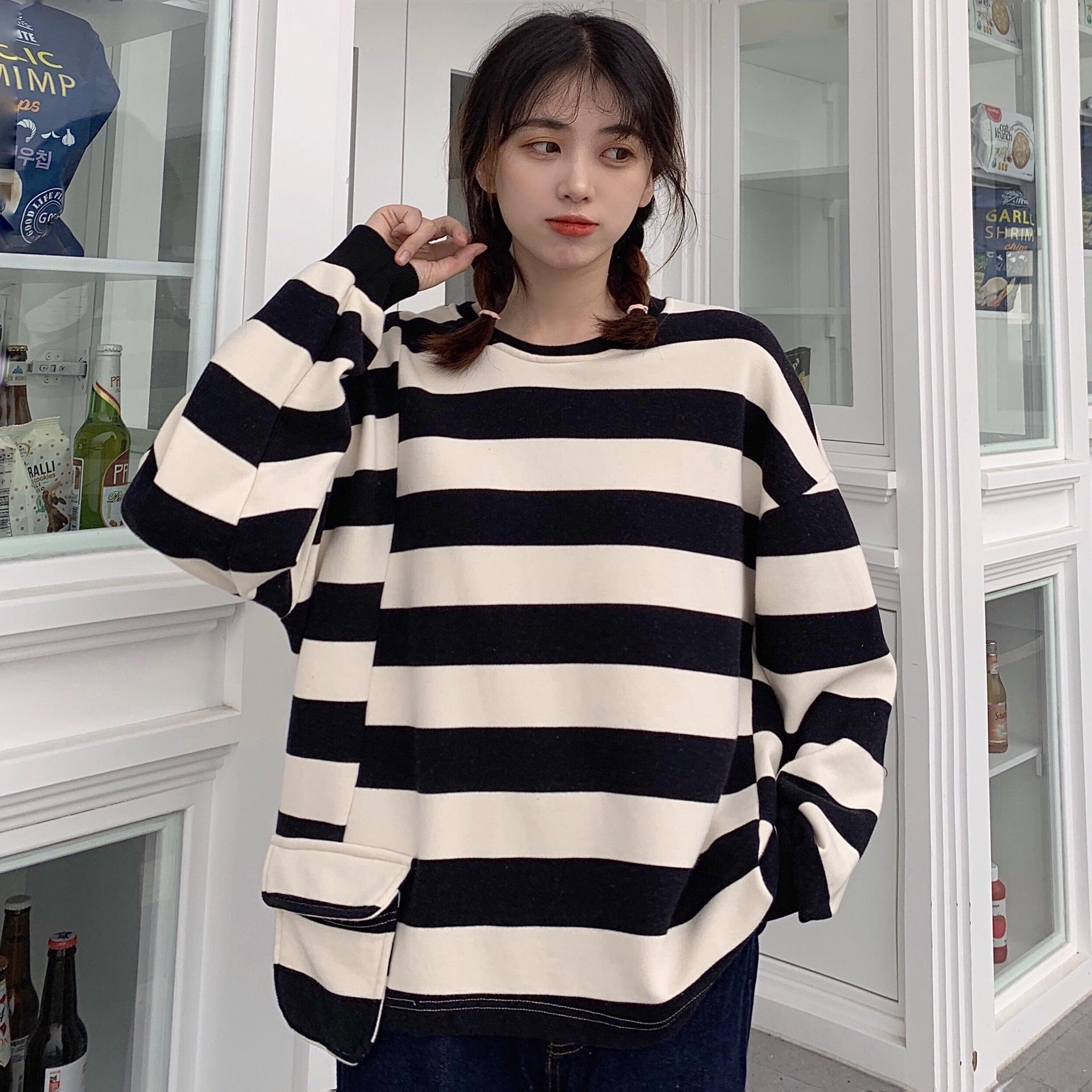 

Осенний новый корейский дизайн Sense Niche Pocket Bf Wind Loose Thin Striped Long Sleeve Hoodie Blowed XL белый