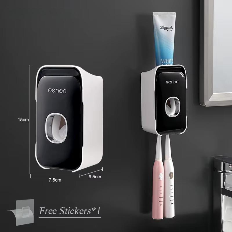 HOMZY Automatic Toothpaste Dispenser Wall-Mounted Bathroom Toothpaste Squeezer Punch-Free Toothbrush Holder Rack Bathroom Acces