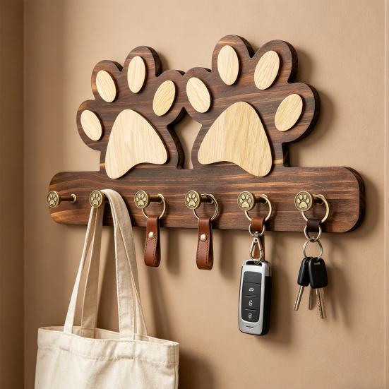 Wall Hook with Dog Paw Shape Key Holder Wood with Anti-Rust Metal Hooks Organizer for Keys Pet Leashes Scarves Small Items