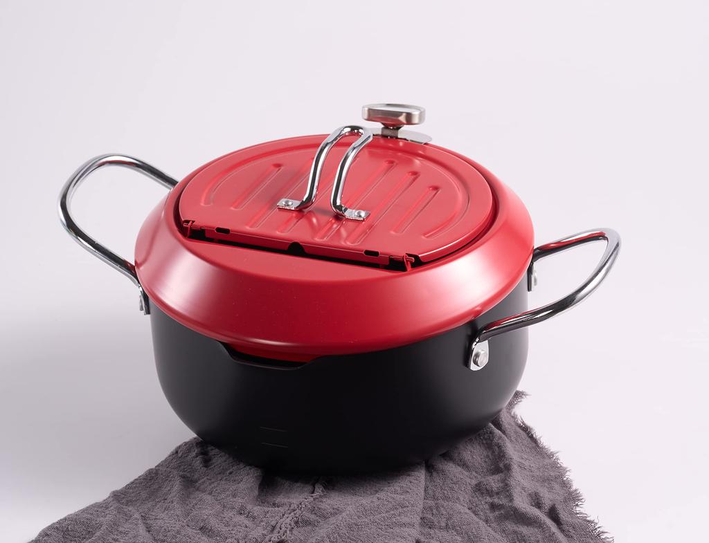 IH & Gas Stove Compatible Iron Deep Fryer Pan with Guard Frame, Tray Lid, and Thermometer - 20cm (Red)