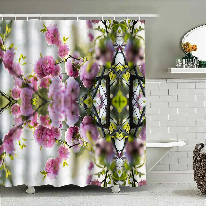 Pink Blossom Shower Curtain Floral Print Home Decor Bathroom Fabric Waterproof Rainproof Shower Curtains For Kids Girls Bedroom