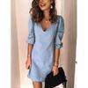 Women's V Neck Three Quarter Sleeve Solid A Line Mini Dress High Waist Casual Office Dress