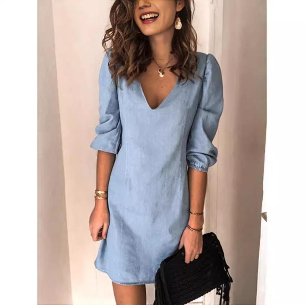 Women's V Neck Three Quarter Sleeve Solid A Line Mini Dress High Waist Casual Office Dress