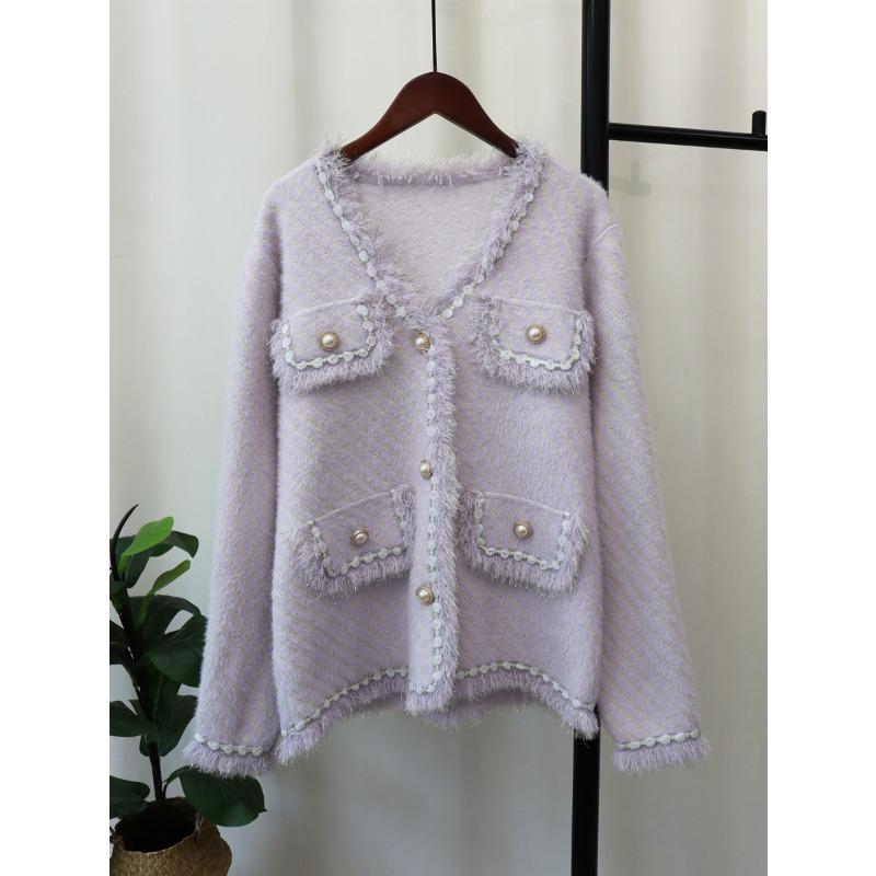 

Осень и зима новый свободный вязаный кардиган из искусственного норкового бархата, женственный, мягкий, восковой свитер-жакет one size fits all фиолетовый