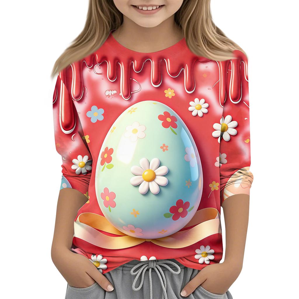 Children's Seven Quarter Sleeve Easter Print Round Neck Print Casual Top