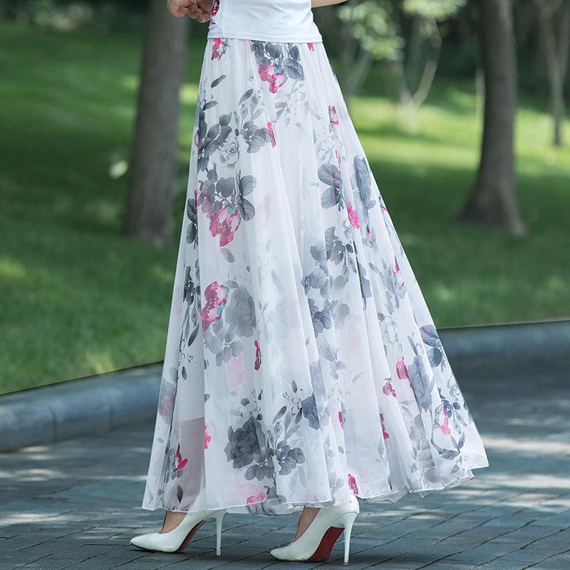 

Chiffon Floral Maxi Summer Skirt Women Long High Waist Holiday Dance Skirt Elegant Beach Boho Hot Sale Lady Vintage Girl Fairy 3XL