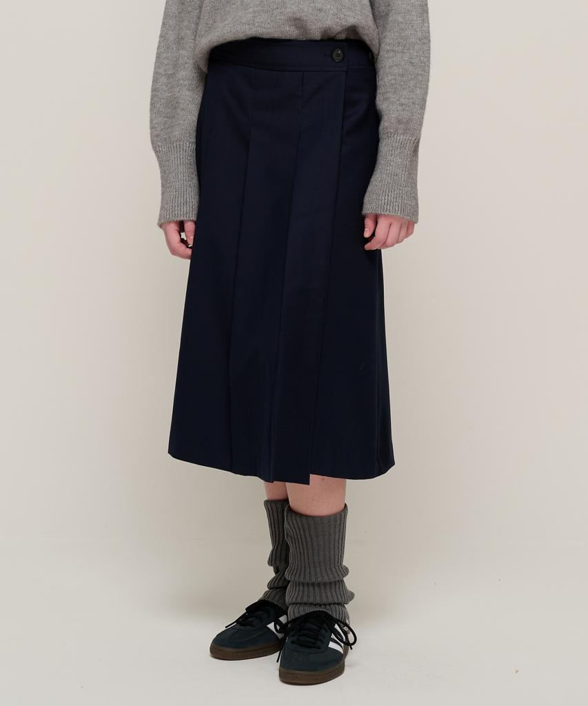 Cargo Bros For Woman Preppy Pleated Wrap Midi Skirt (Navy)