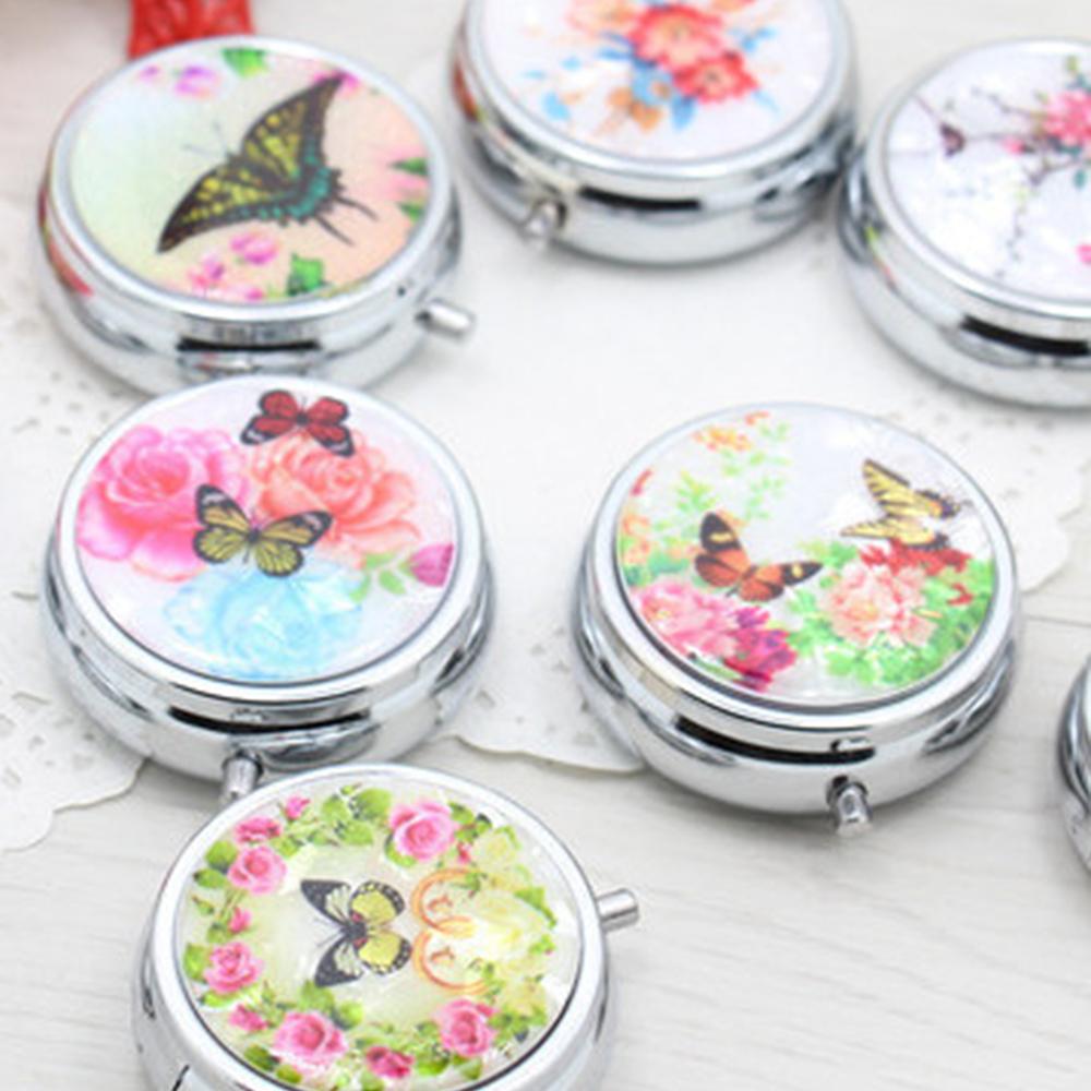 Flower Printed Metal Medicine Box, Circular Three Compartment Storage, Portable Travel Pill Box, Keychain