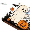Cute Halloween Party Table Centerpieces Ghost Ornaments with Pumpkin Tombstone and Bat Elements, Wooden Flame Breathing Desktop Tabletop Decorations