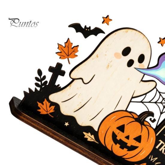 Cute Halloween Party Table Centerpieces Ghost Ornaments with Pumpkin Tombstone and Bat Elements, Wooden Flame Breathing Desktop Tabletop Decorations