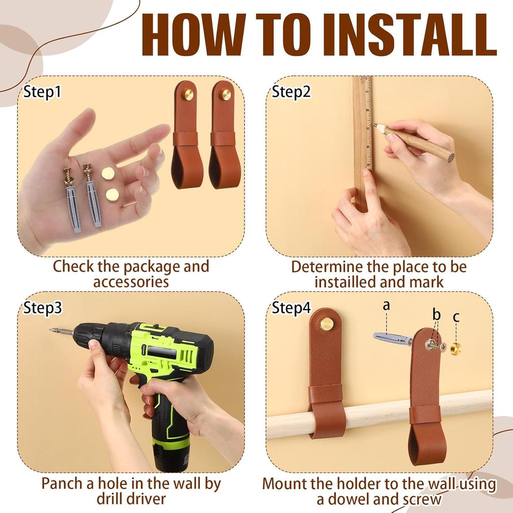 6 Pcs Leather Curtain Rod Holders PU Leather Curtain Rod Bracket Mounted Loop Straps with Screws and Plastic Wall Plugs, Boho Pole Hanger Hook for