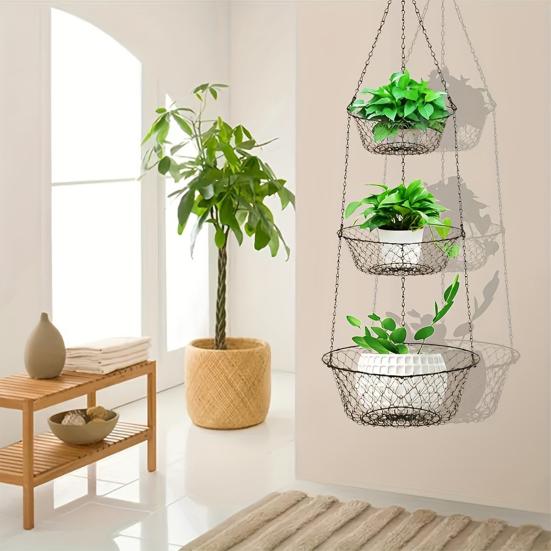 3-Tier Hanging Fruit Basket Stainless Steel Storage Basket Foldable Wire Organizer for Fruits Vegetables Toiletries