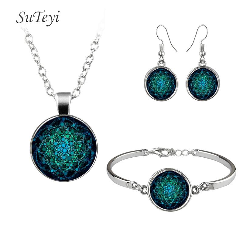 Vintage Women Jewelry Set Mandala Flower Of Life Glass Dome Necklace Bracelet Earrings Jewellery