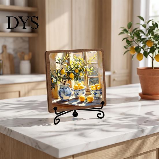 Vintage Lemon Oil Painting Decor Wooden Tabletop Sign, Pastoral Farmhouse Decorative Plaque with Handcrafted Art Iron Stand, Rustic Desktop