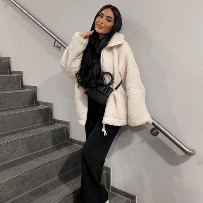 Women Zipper Lapel Thick Fleece Coats Autumn Winter Fashion Elegant Loose Jackets Casual Vintage Lamb Wool Outerwear