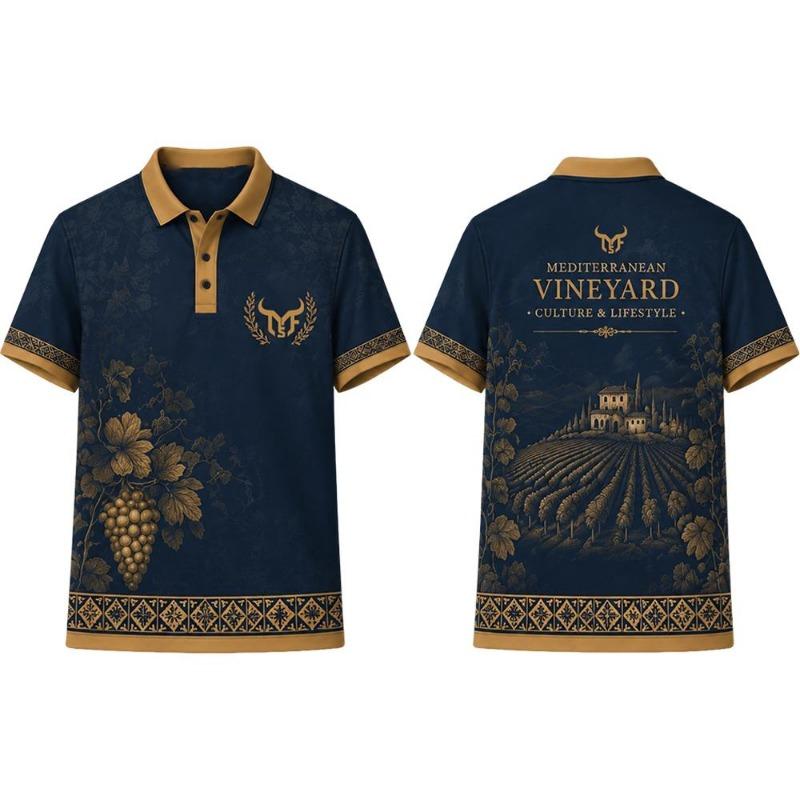 Vintage Mediterranean Vineyard Print Polo Shirt Summer Lapel Short Sleeve T-Shirt Men's Grape Chateau Graphic Casual Golf Shirt
