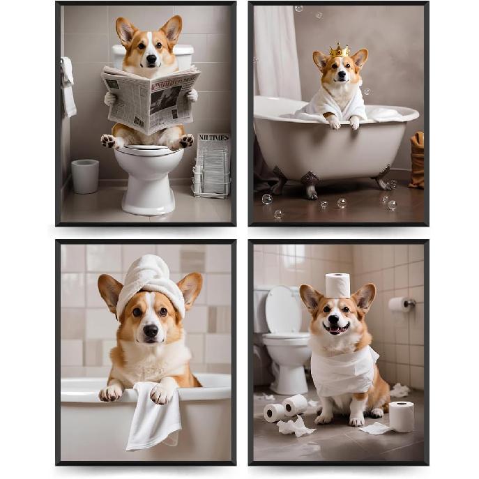 ETVISO Dachshund Bathroom Decor Set of 4, Funny Cute Bathroom Dachshund Dog Wall Art for Home (8x10 Unframed)