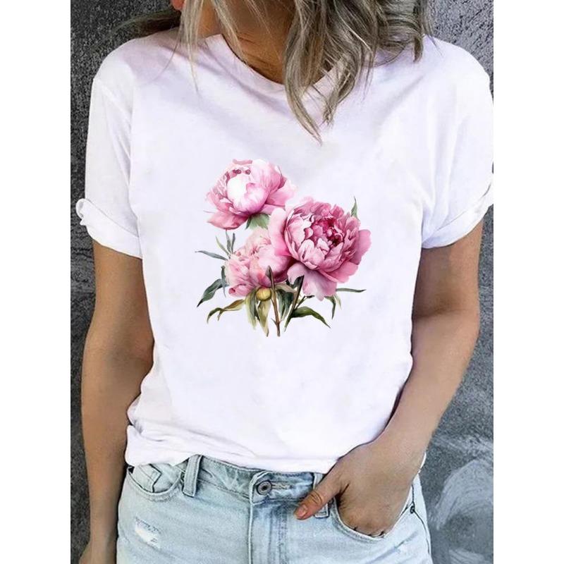 Cute Floral Print T-shirt Ladies Fashion Short-sleeved Clothing Casual Loose Top