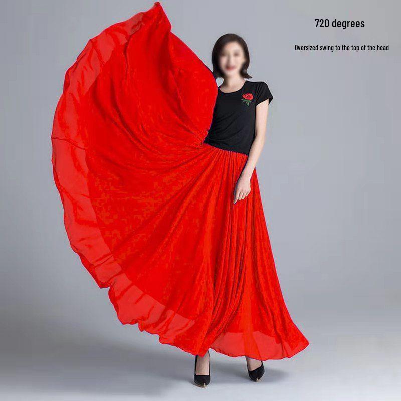720° Chiffon Swing Skirt: High Waist, Ethnic Dance Red, Slimming Design