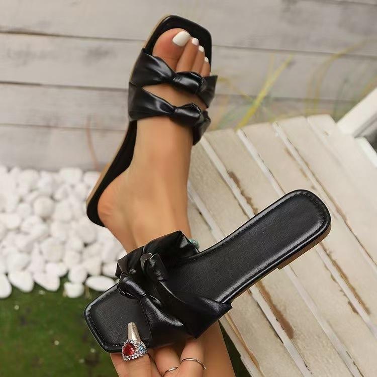 

Flat-bottomed slippers women s 2025 summer new square-headed open-toed one-word drag large-size bow slippers wear cool slippers 36 чёрный