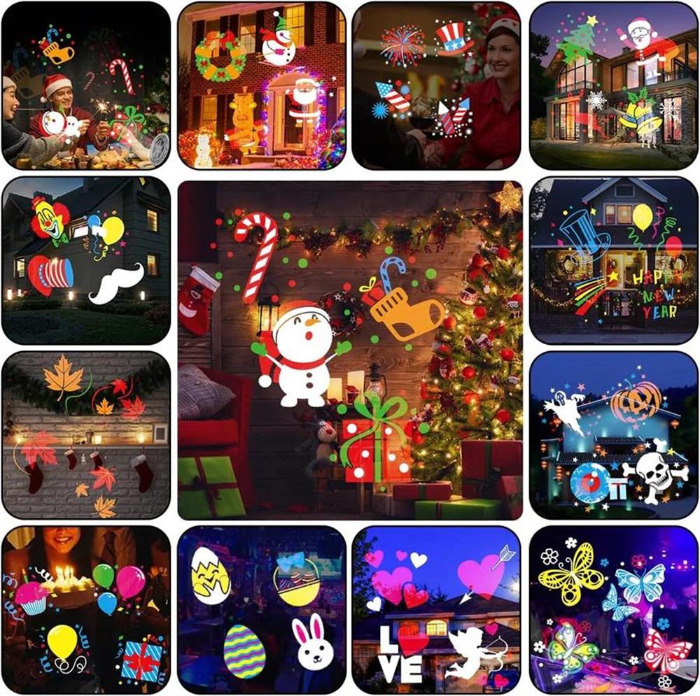 Christmas Halloween Lights Projector Waterproof Indoor Motion Remote Control LED 16 Slides Holiday Lamp Party Outdoor Garden House Room Night Light