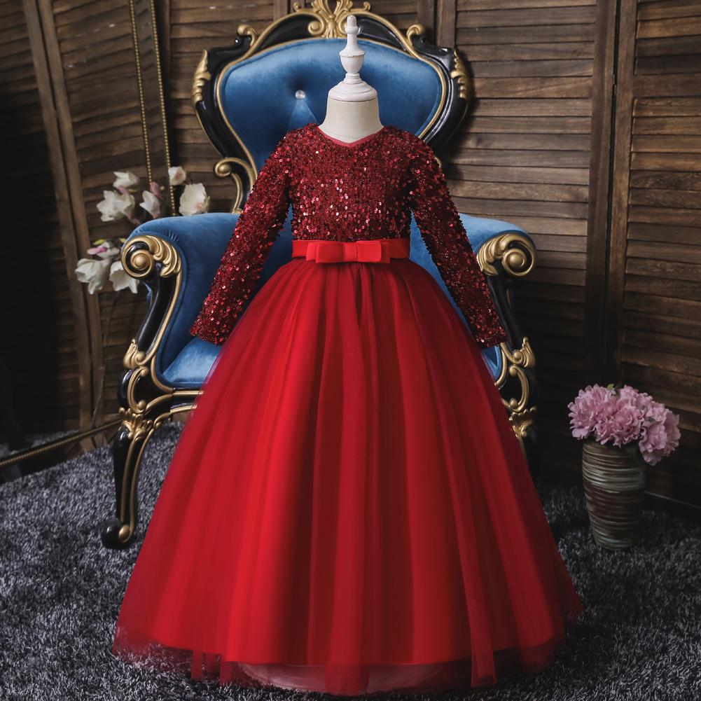 

Red Sequined Long Evening Dress with Bowknot & Mesh Sleeves - Wedding & Princess Style. 160 cm червоний