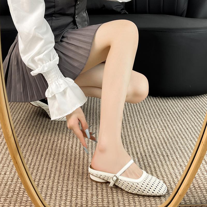 Baotou half-drag women's summer thick heels woven hollowed-out Mary Jane cool slippers women's outer wear women's shoes