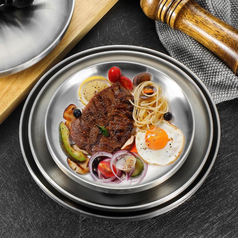 304 Stainless Steel Round Plate, Double-Walled Insulated Dinner Plate, Plates for Snack, Dishes and Fruit