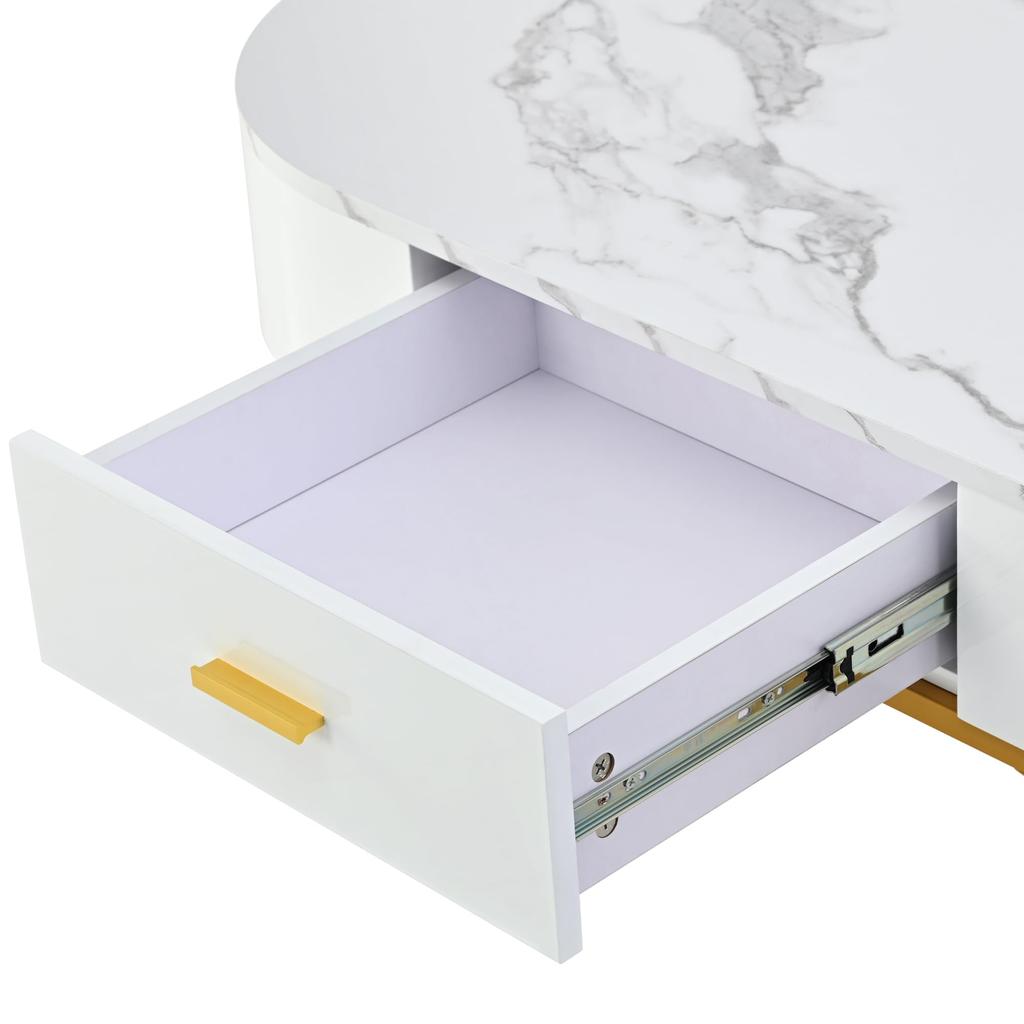 Couchtisch Rund 2er Set Satztische, Moderne Edle Nesting Kaffeetisch Oval Sofatisch Schubladen, Tischplatte Marmormuster, Balkon Büro, Weiß