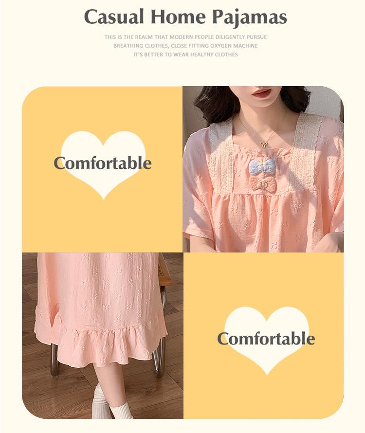 2026 Summer Women's Woven Cotton Nightgown with Bra Pads - Princess Style Short-Sleeve Long Dress