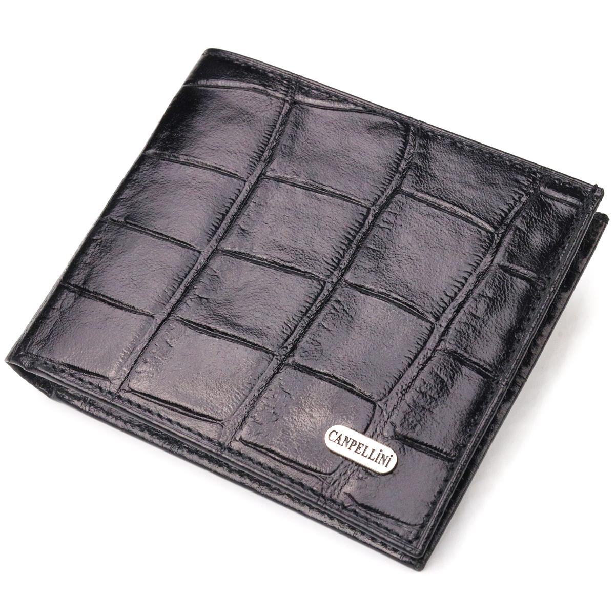 

Якісний чоловічий гаманець у два складення з натуральної фактурної шкіри з тисненням під крокодила CANPELLINI Purse 21584 Чорний