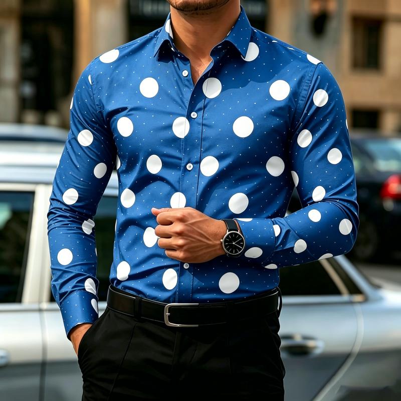 Camicia da Uomo a Pois Manica Lunga, Camicia Business Casual Slim Fit, Top da Uomo Tendenza Moda Casual da Esterno