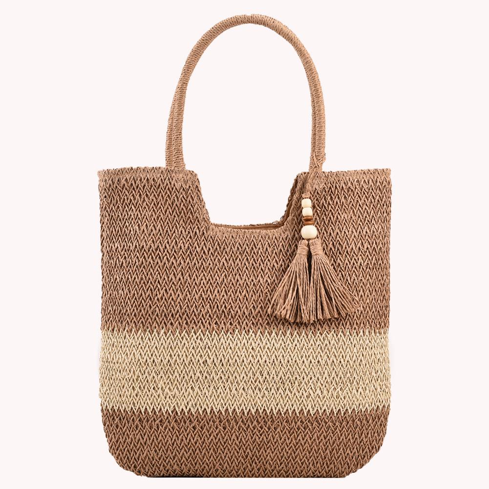 Summer Top-handle Bag Contrast Color with Tassels Beach Vacation Bags Large-Capacity Handmade Fashion Simple for Seaside Holiday