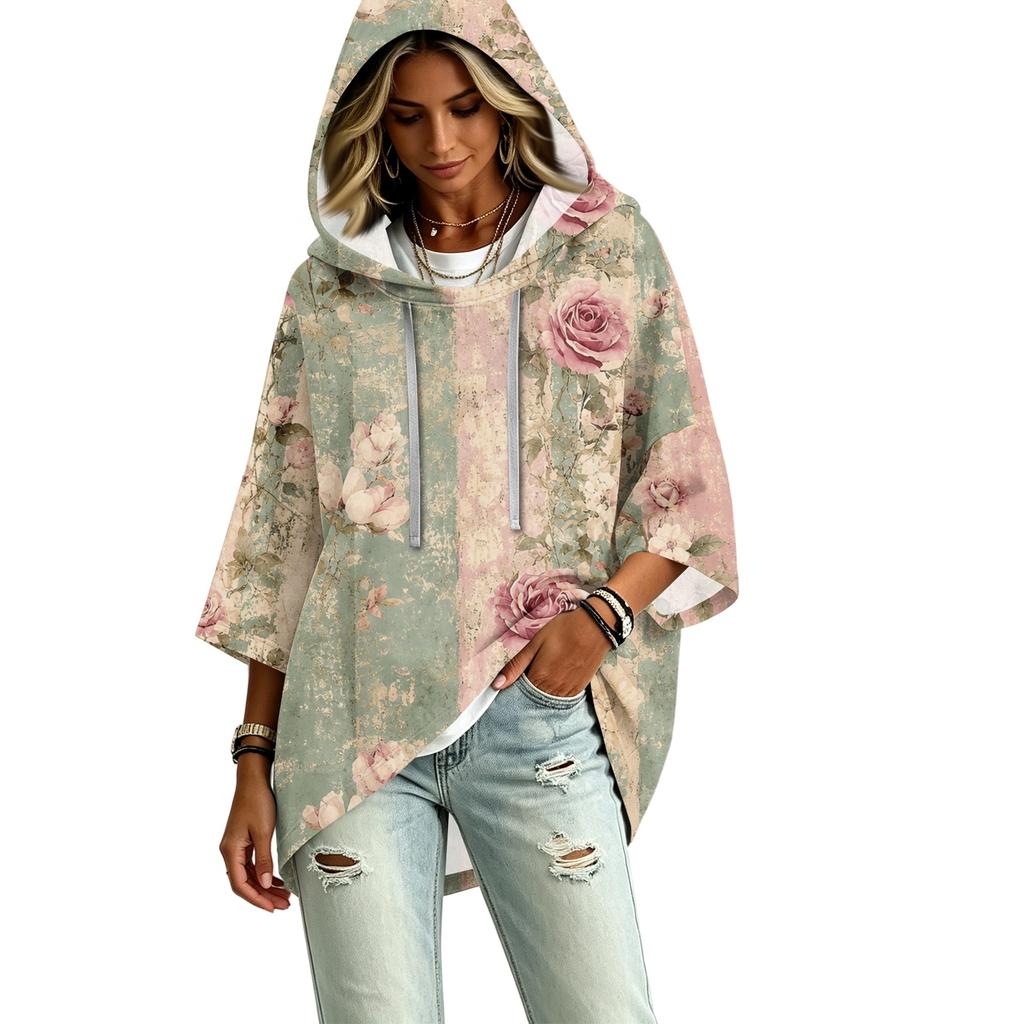 Women's Hooded Pullover Top with Three-Quarter Sleeves Floral Print Casual Fashion Top