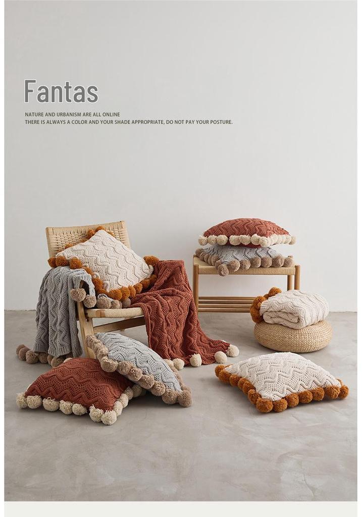 Ruijing Four Seasons Nordic Pom-Pom Chenille Knit Blanket & Cushion Set