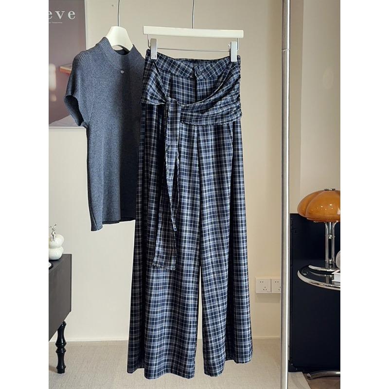 

Винтажные летние брюки в клетку с ремешком, свободные, драпирующиеся, прямые, с высокой посадкой, повседневные, широкие, моп-брюки XL синий