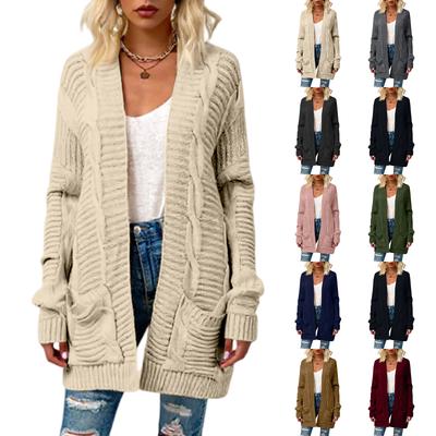 Modischer Damen Strick Zopfmuster Cardigan Pullover Mittellang Gedrehter Seil Cardigan Mantel