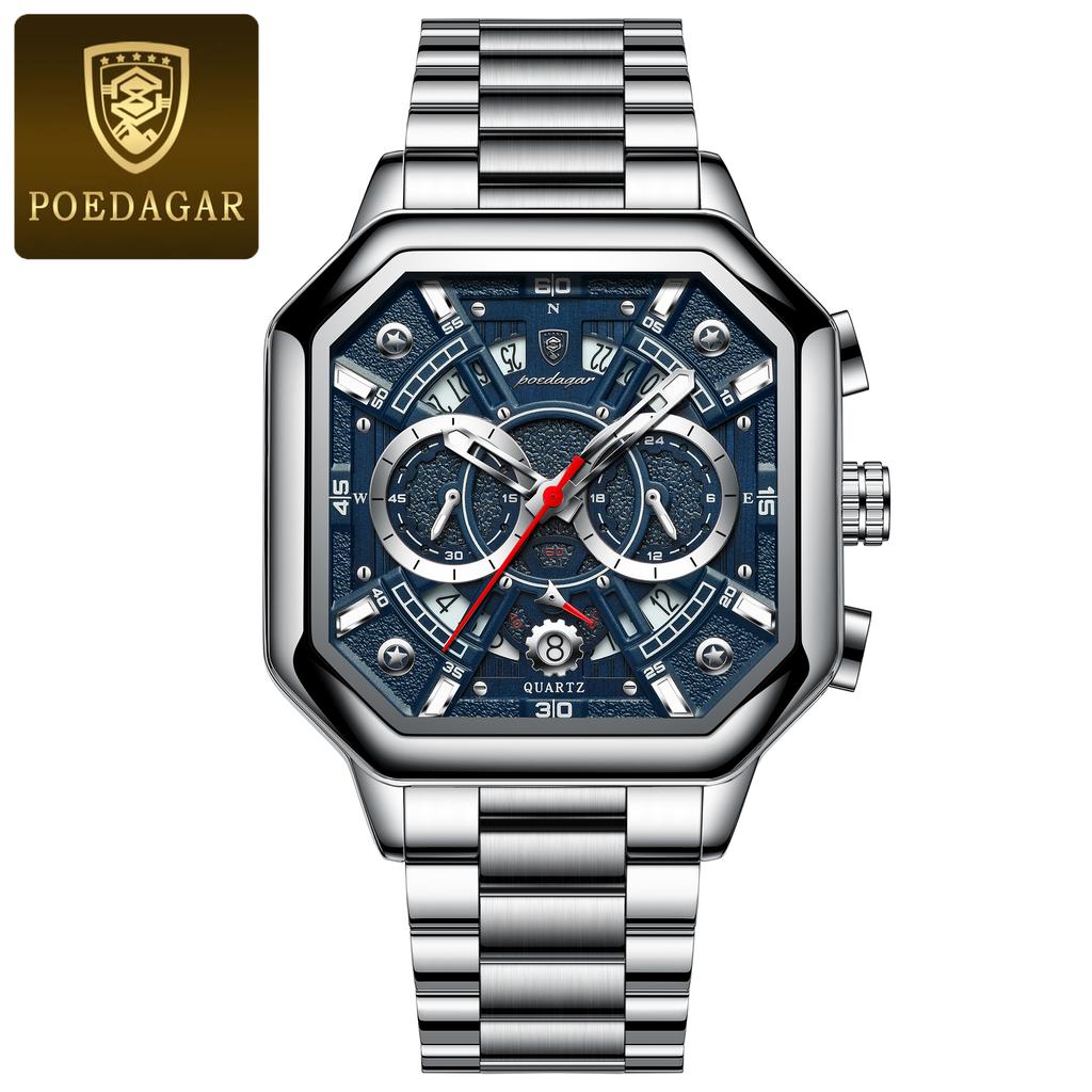 POEDAGAR Luxury Original Men Clock Waterproof Luminous Chronograph Date Man Watch Stainless Steel Quartz Men's Watches