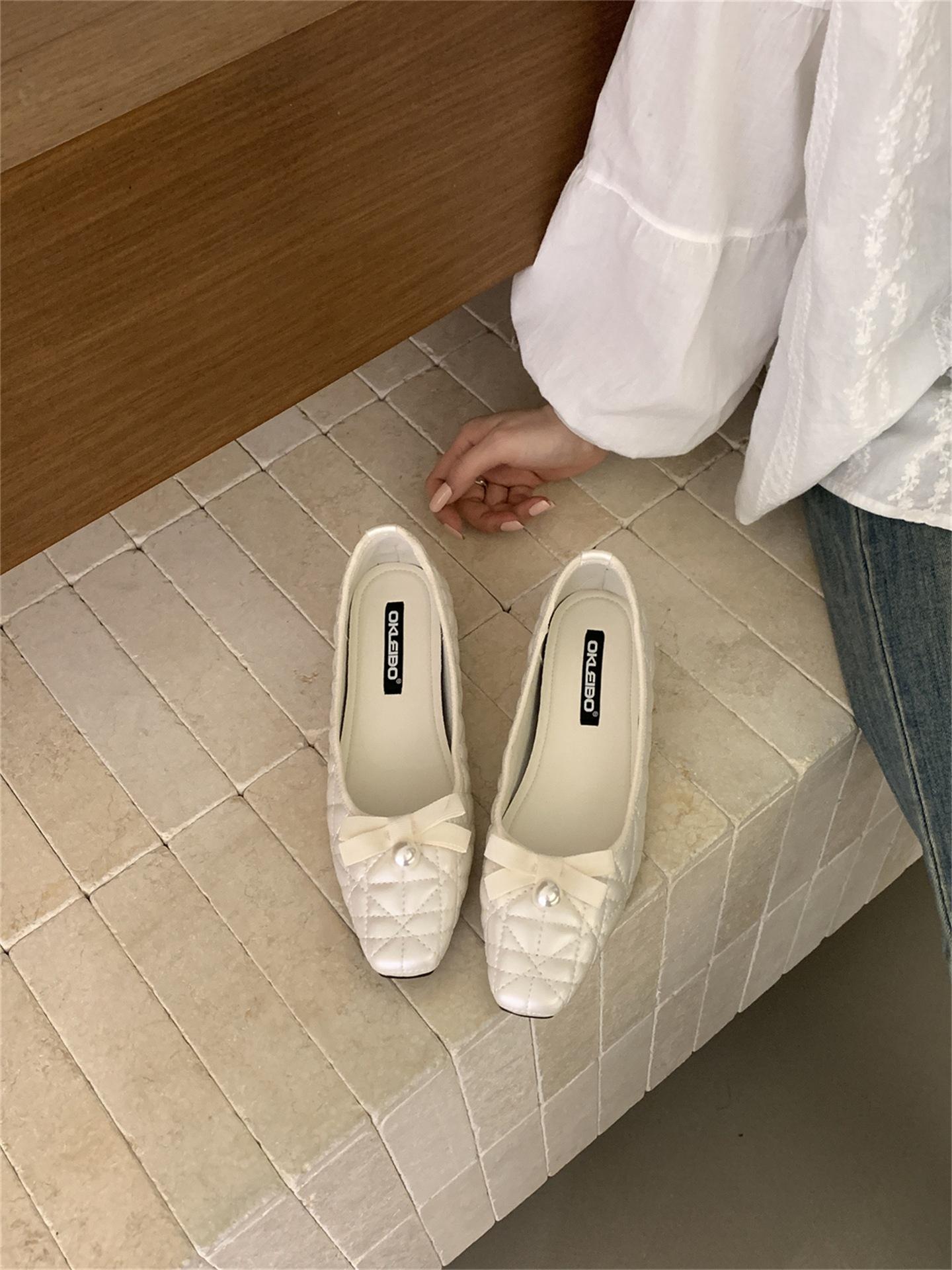 French Rhombus Pearl Square Head Single Shoes Women S Spring Ballet Style Flat Granny Shoes One Pedal Women 35 жемчужина белый 5750₽