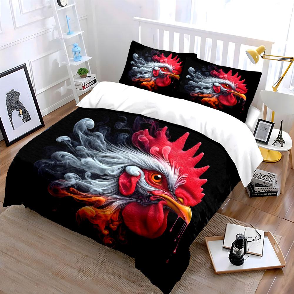 "Fiery Rooster-Themed Kitchen Set" Exquisite Three-piece Bedding Set Gift for Kids and Adults