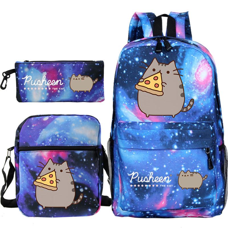 Pusheen fette Katze niedlicher Cartoon bedruckter Schulranzen grenzüberschreitende Studenten tragbare Umhängetasche Federmäppchen dreiteiliges Set
