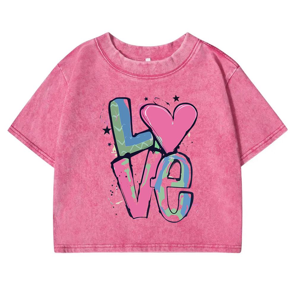 Color Graffiti Letter Love Print T-Shirts Women Washed Fashion Casual Crop Top Street Tops Summer Cotton Short Sleeve